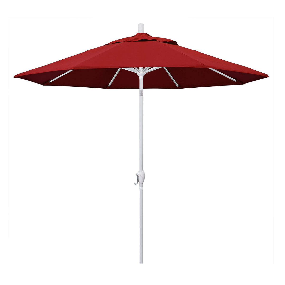 California Umbrella 9' Round Aluminum Market Umbrella, Crank Lift, Push Button Tilt, White Pole, Pacifica Red
