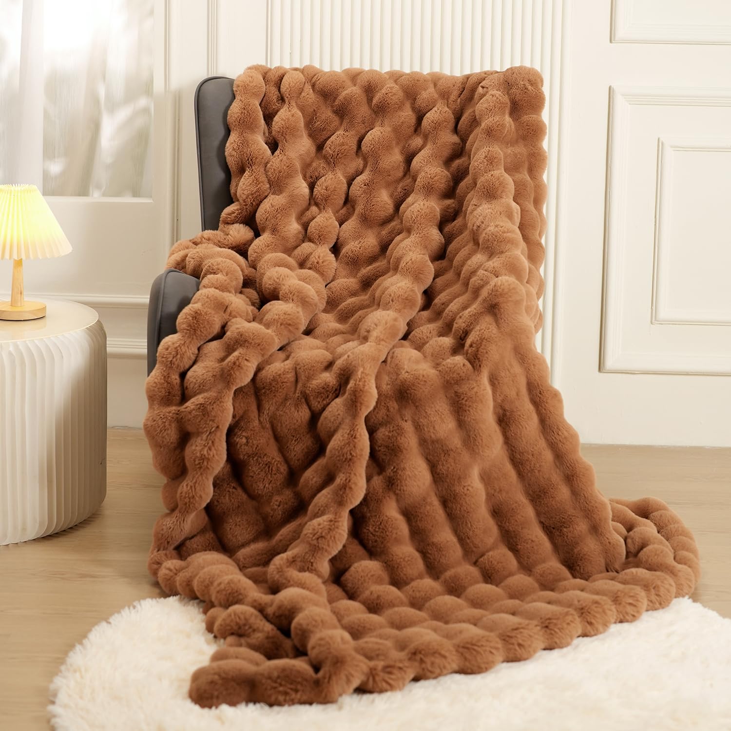 Super Comfort Oversized Warm Thick Bubble Double Sided Plush Rabbit Faux Fur Throw Blanket, Fluffy Blanket,Soft Cozy Blanket for