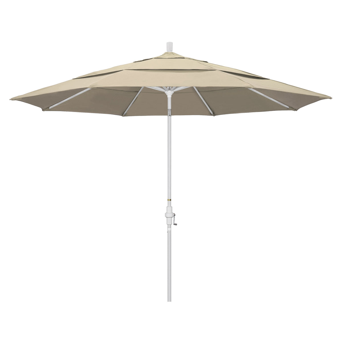 California Umbrella 11' Round Aluminum Market Umbrella, Crank Lift, Collar Tilt, White Pole, Sunbrella Antique Beige