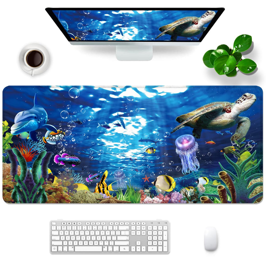 Amrgik Desk Mouse Pad, Extra Large Mouse Pad 35.5X15.8Inch Gaming Mouse Pad Turtle Xxl Mouse Pad, Desktop Mouse Pad Blue Underwa