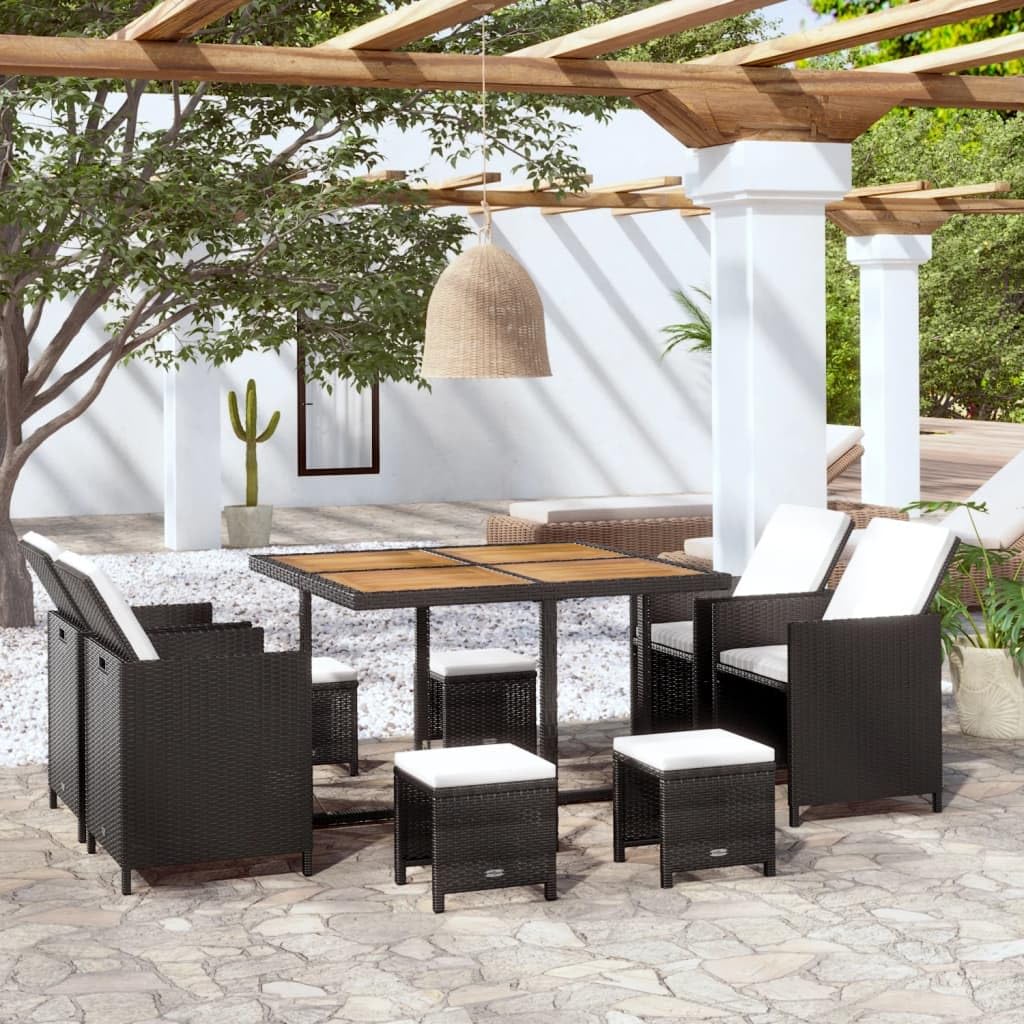 9 Piece Patio Dining Set Poly Rattan and Acacia Wood Black