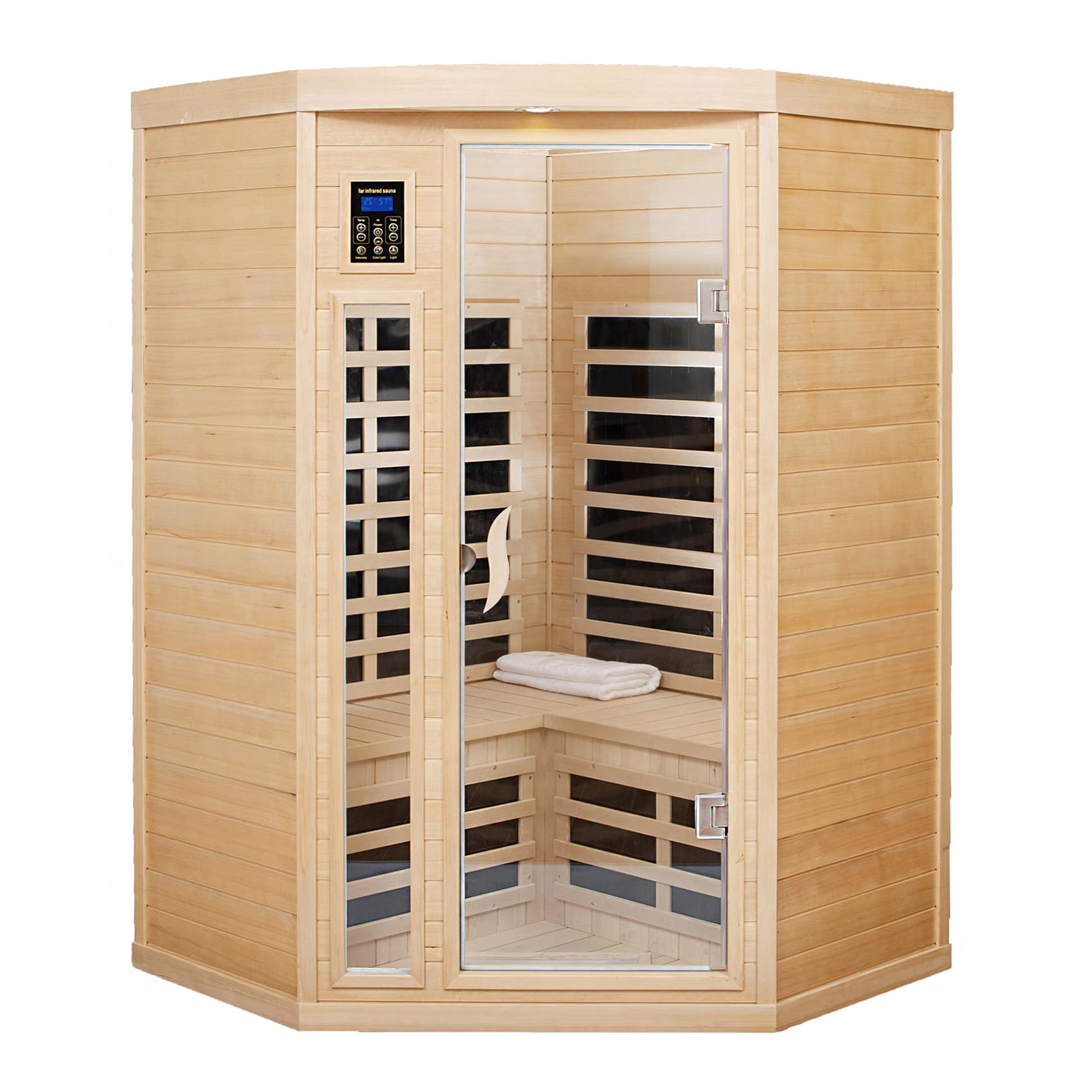 Salusheat Far Infrared Wooden Sauna Room, 2 Person Home Sauna, Canadian Hemlock Indoor Corner Sauna Spa, 7 Low Emf Heaters, 2 Bl