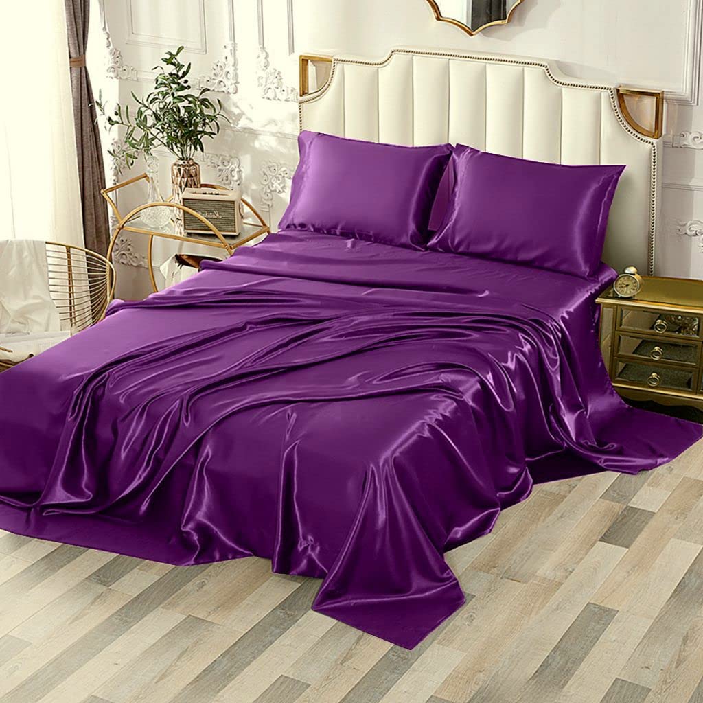 Sfoothome 4Pcs Silky Satin Sheets Set, Full Satin Bed Sheets Set, Purple Satin Bedding Sets, Breathable Soft Sheets Set Includes
