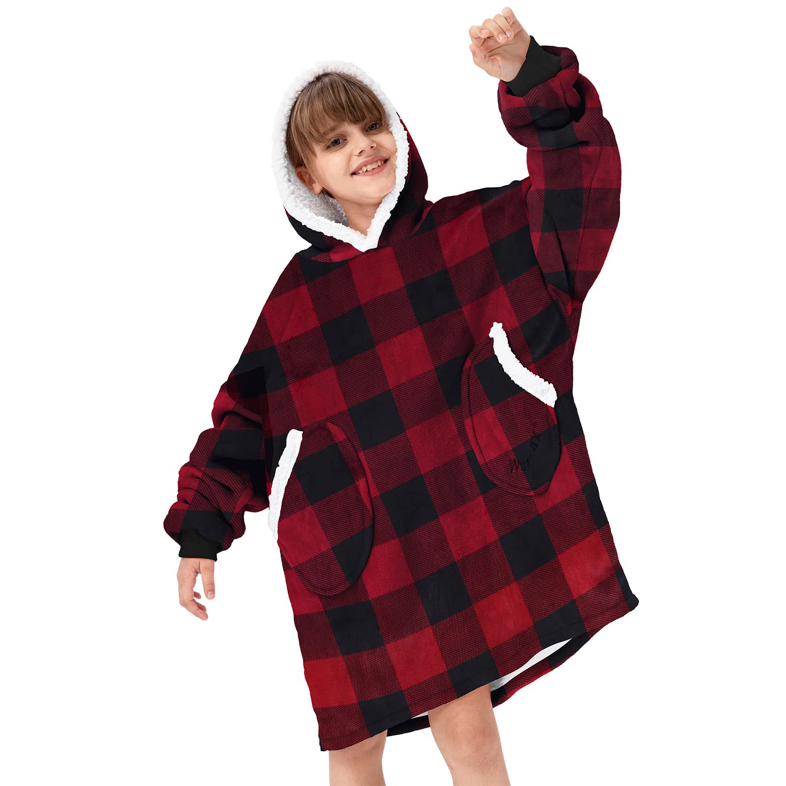 Wearable Blanket For Kids Oversized Hoodie Blanket Plush Sherpa Hooded Sweatshirt For Boys, Girls Red And Black Plaid