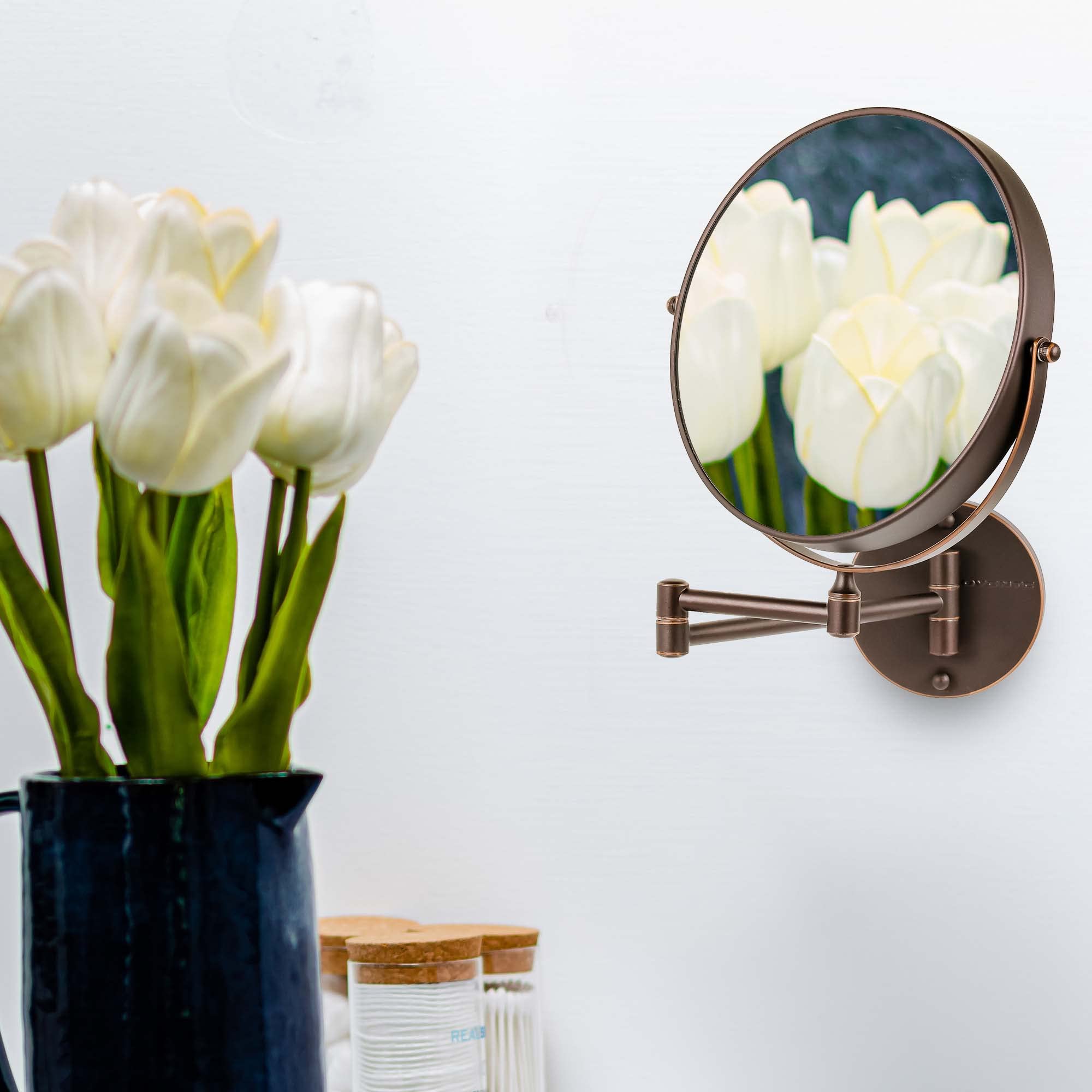 Ovente 9' Wall Mounted Makeup Mirror - 1X/ 7X Magnification, Rotating 360-Degree, Double-Sided, Extendable & Folding Arm, Clear