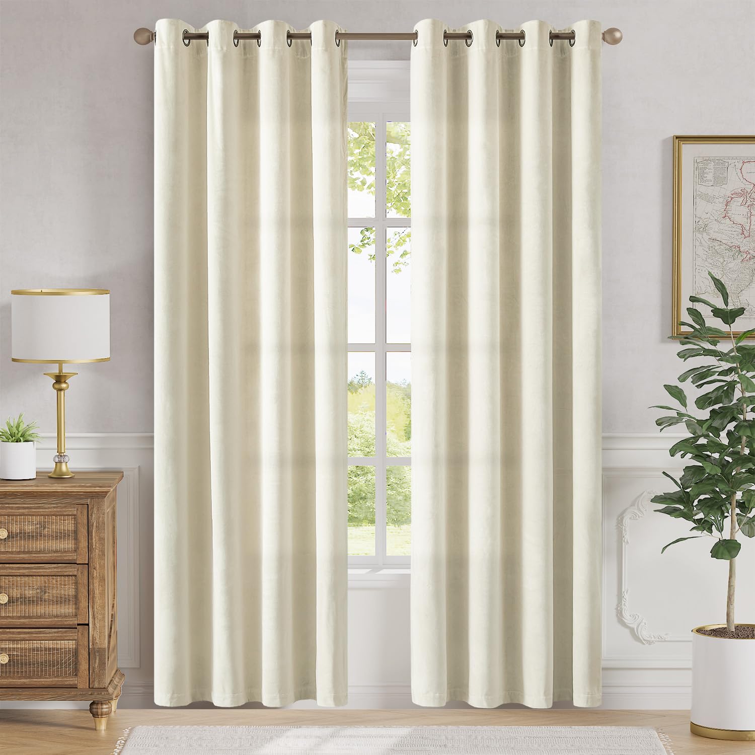 Lazzzy Ivory Velvet Curtains 84 Inches Long Light Filtering Thermal Insulated Grommet Top Drapes For Bedroom Living Window Treat