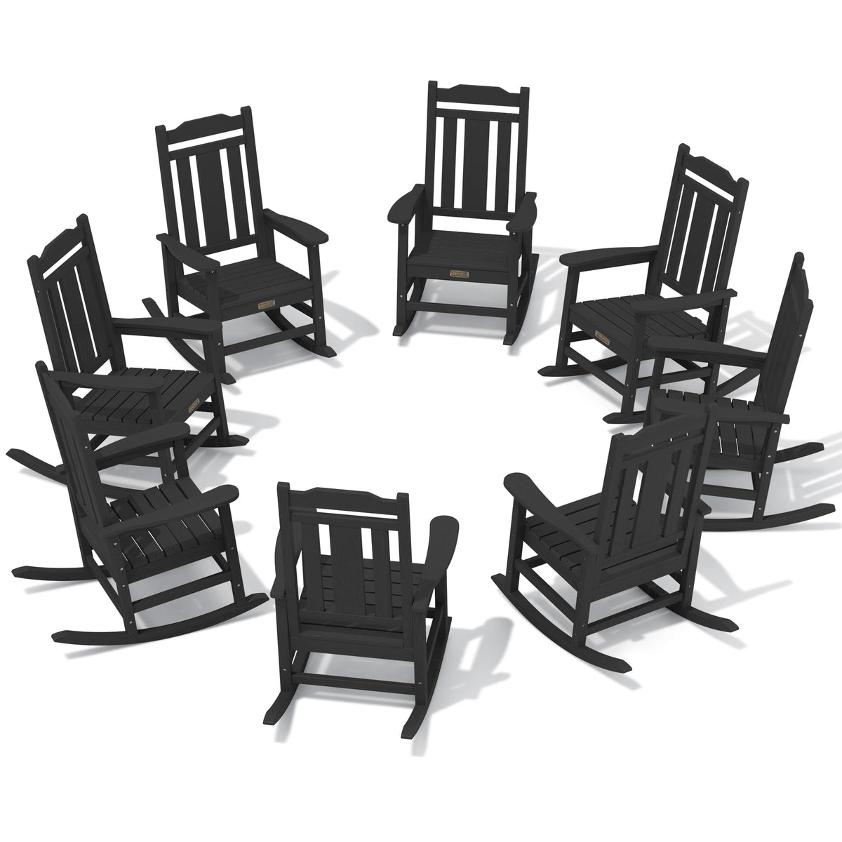 Serwall Outdoor Rocking Chair Black Set Of 8, All Weather Patio Rocking Chair, Hdpe Poly Rocking Chair For Adults, Heavy Duty Front Porch Rocker