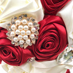 Abbiehome Handmade Bridal Bridesmaids Brooch Bouquet Satin Roses With Crystal Diamond Pearl Decor (Burgundy+Ivory)