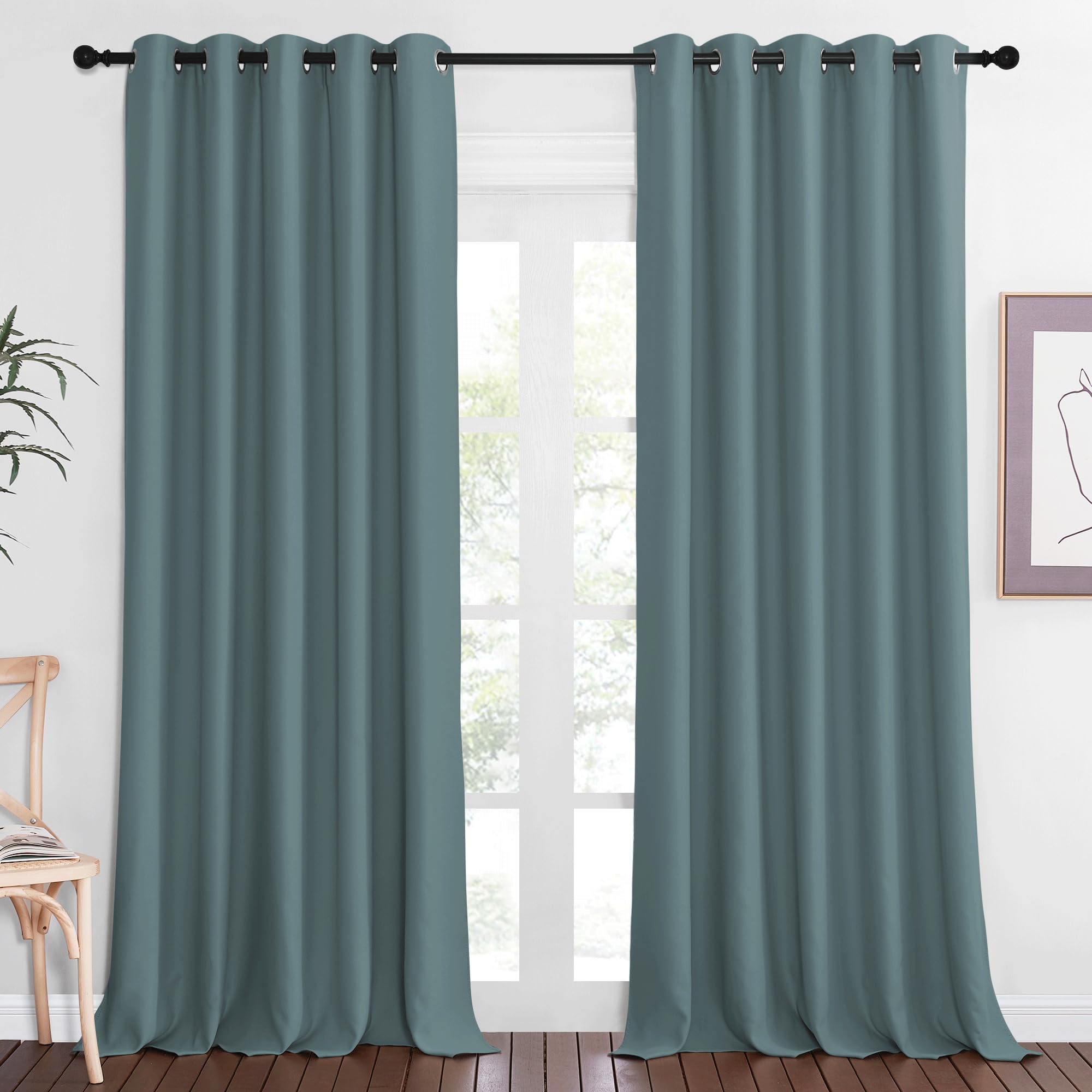 NICETOWN Blackout Greyish Blue Curtain & Drape 102 inches Long - Energy Saving Thermal Drape Grommet Sound Reducing Light Blocki