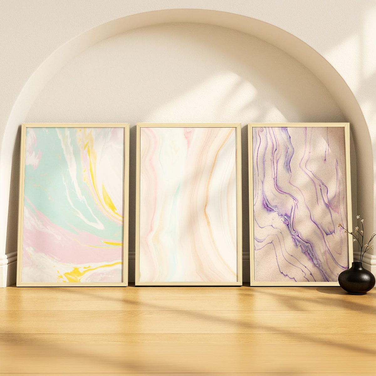 SoulAbiti Pastel Marble Swirls Trio set of 3 Framed Wall Print 12x18 inch Light Brown Frame PlexiGlass Aesthetic Art ready to h
