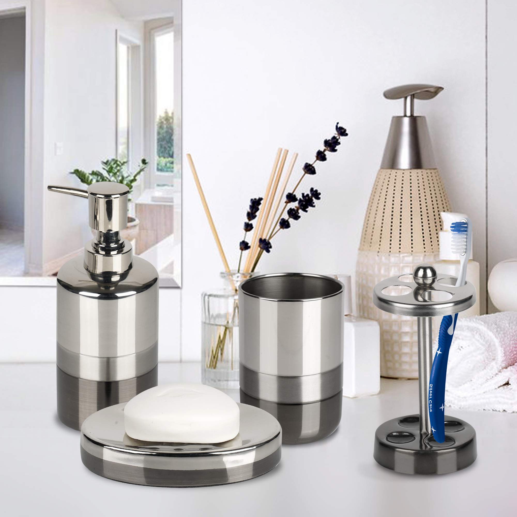 Nu Steel (Set Of 4 Triune Bath Accessory Set In 3-Tone Shiny Gray Stainless Steel For Bathrooms & Vanity Spaces