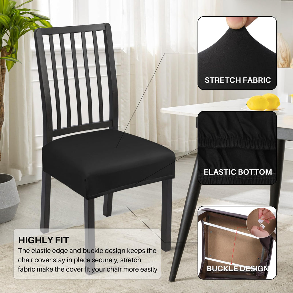 Searchi Stretch Dining Chair Seat Covers Set Of 6, Soft Removable Washable Seat Covers For Dining Chairs, Dining Room Seat Cover Protector (Rear-Covered, Pure Black)