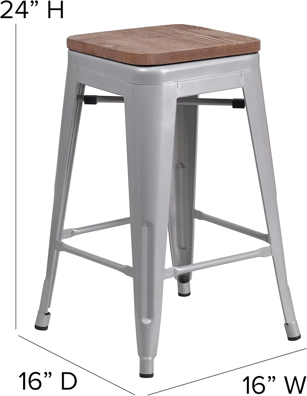 Commercial Grade 24 High Backless Silver Metal Indoor-Outdoor Counter Height Stool with Square Seat