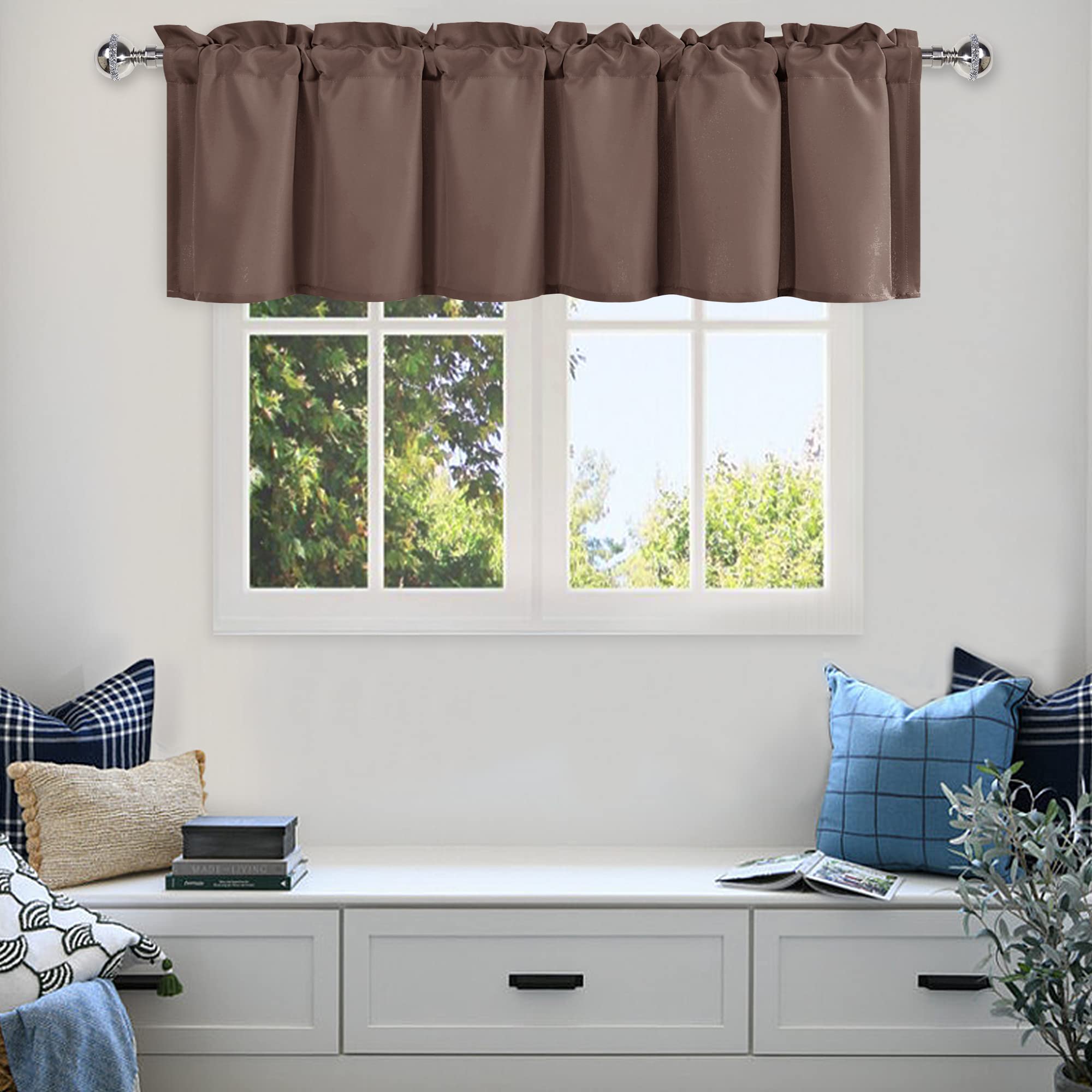 DWCN Kitchen Valance Solid Short Topper, Brown Valance Curtains for Living Room, Rod Pocket Bathroom/Basement Window Curtains - 