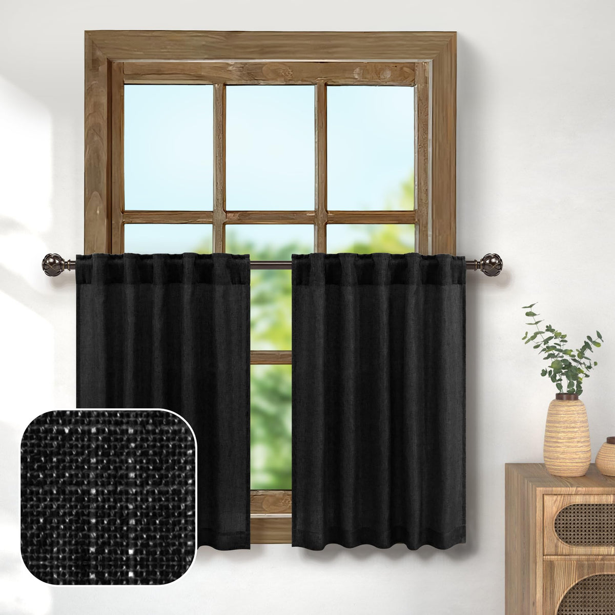 Pitalk Black Kitchen Curtains 36 Inches Long Back Tab Pocket Farmhouse Linen Tier Cafe Curtains Small Half Window Treatment Semi