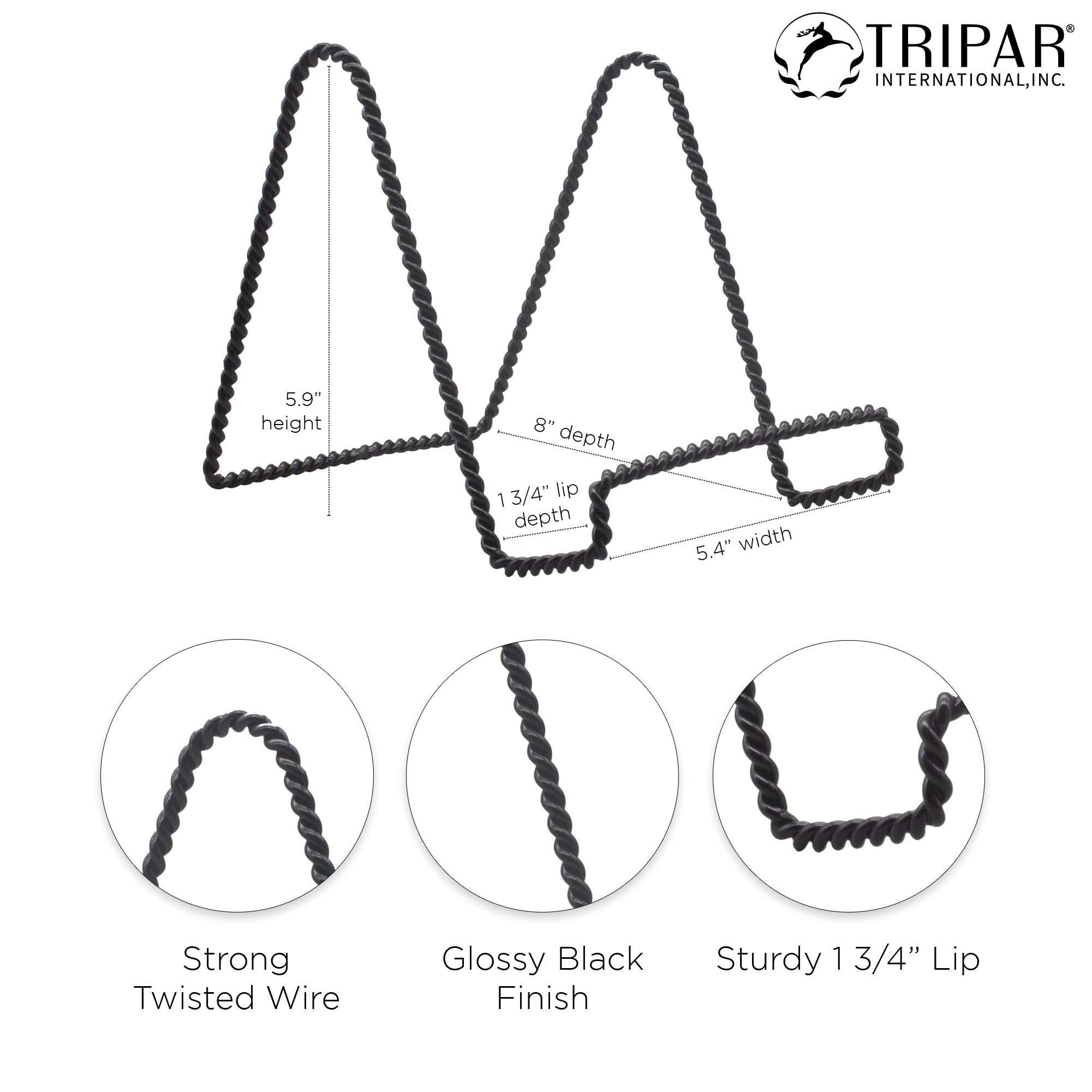 Tripar Decorative Twisted Wire Stand, Black Display (6 Inch Depth) Tabletop Easel Sleek & Modern Look - Perfect For Books, Plate