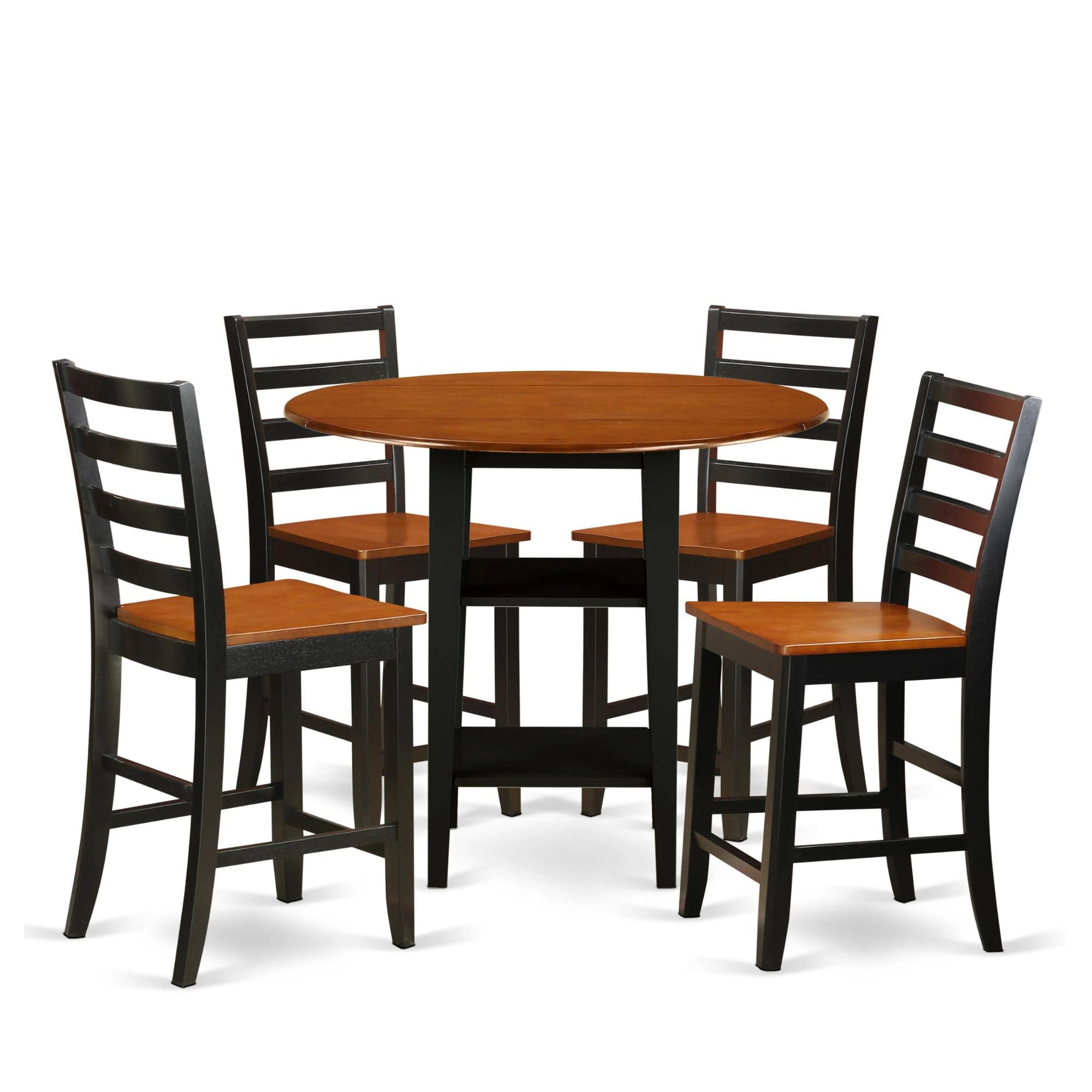 East West Furniture SUFA5H-BCH-W 5 Piece Kitchen Counter Height Dining Table Set Includes a Round Wooden Table with Dropleaf & Shelves and 4 Dining Chairs, 42x42 Inch, Black & Cherry