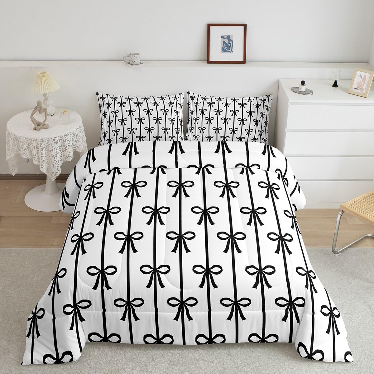 Feelyou Kids Girls Black Bow Comforter Set,Cute Bowknot Bedding Set Full Size For Boys Girls,Stripe Bow Comforter,Kawaii Bed Set