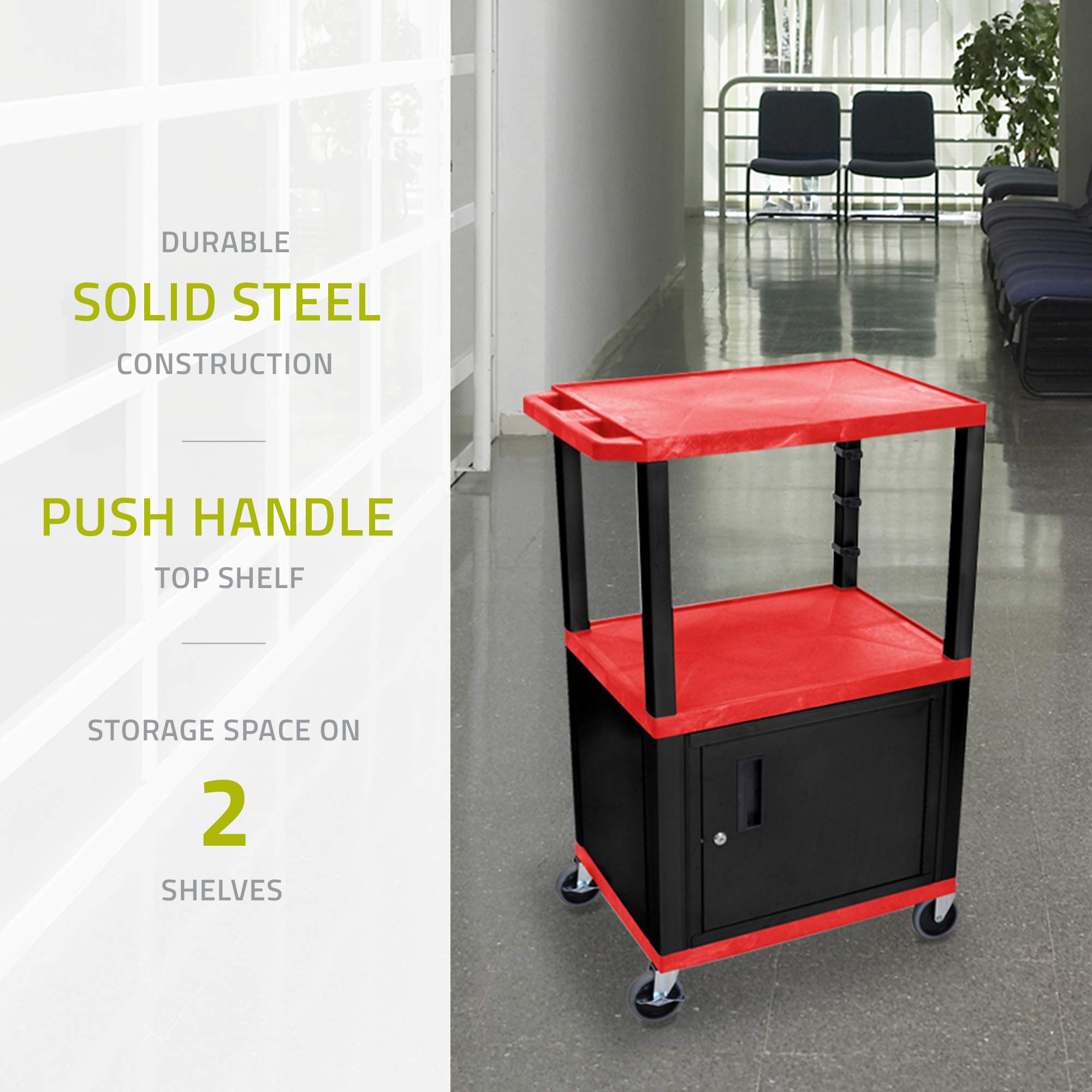 Luxor Multipurpose 42'H Red Audio Video Utility Cart With 3 Shelves, Cabinet - Black Legs