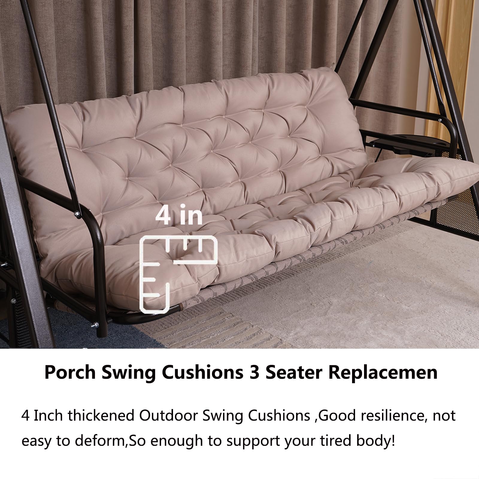 Porch Swing Cushions, Outdoor Swing Replacement Cushions 3 Seater With Backrest, Waterproof Bench Cushion With Ties,For Patio,Po