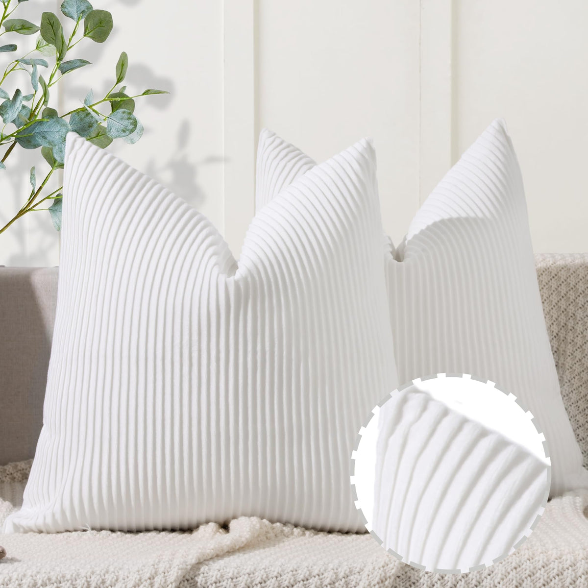 Ycoll White Pillow Covers 26X26 Set Of 2 Velvet Striped Pattern - Soft Throw Pillows For Home Decor, Luxury Decorative Pillow Co