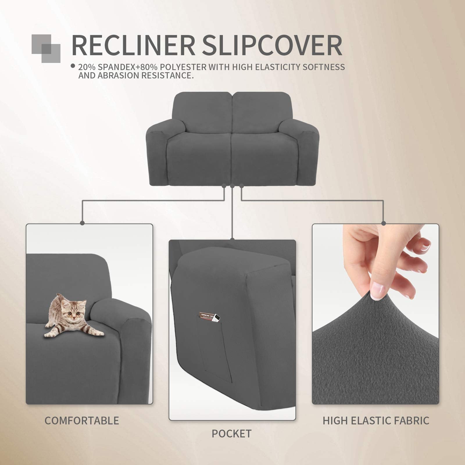 Easy-Going 6 Pieces Microfiber Stretch Sectional Recliner Sofa Slipcover Soft Fitted Fleece 2 Seats Couch Cover Washable Furniture Protector With Elasticity For Kids( Recliner Loveseat, Gray)