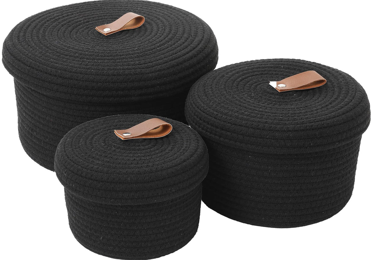 Set of 3 Small Woven Baskets with Lids, Cotton Rope Round Nesting Storage Basket Set for Shelf Nightstand Bathroom, 10x6 8x5 6x4