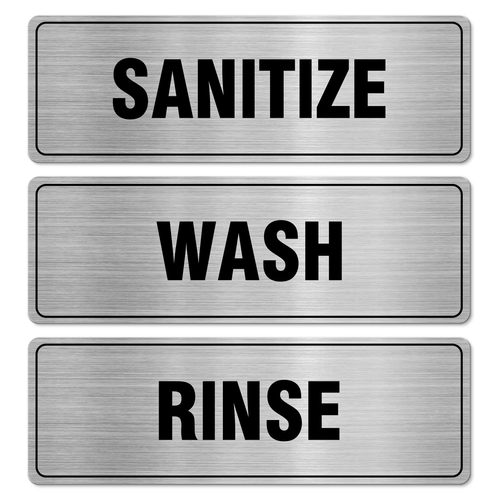Wash Rinse Sanitize Sign Aluminum Silver 9 X 3 Inches Self-Adhesive Waterproof Metal Door Wall Sign For Business Offices 3 Pack