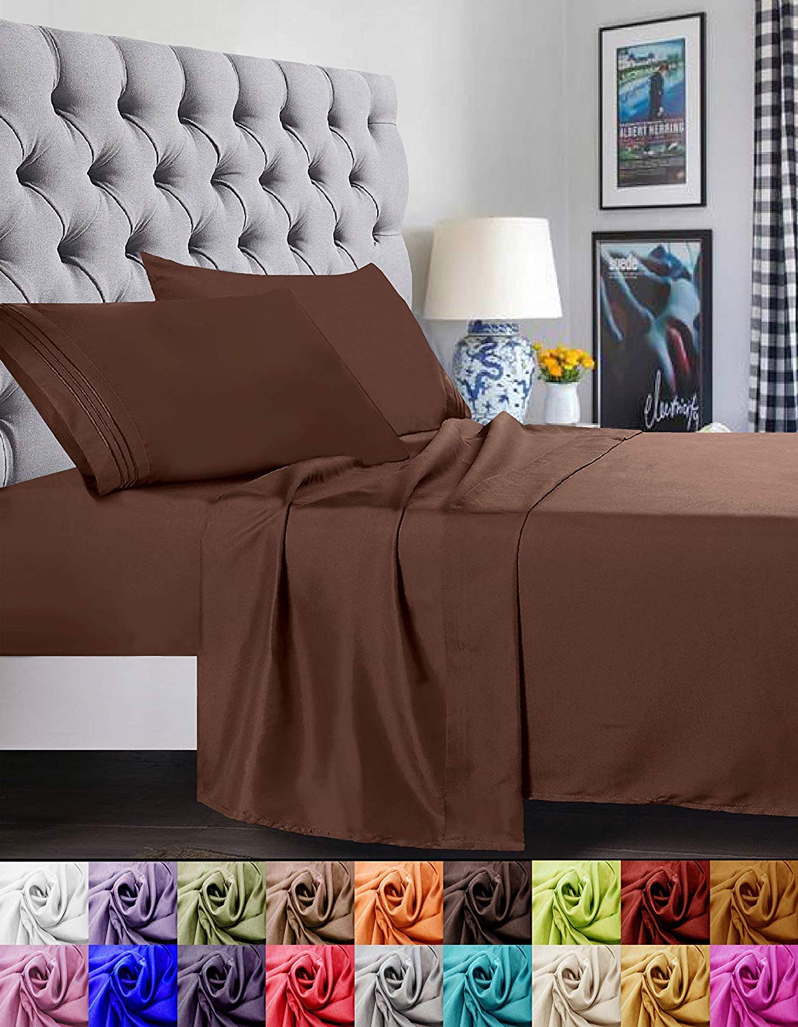 Elegant Comfort 1500 Premier Luxury Hotel Quality Super Soft Wrinkle Free And Fade Resistant 4-Piece Bed Sheet Set, Queen, Choco
