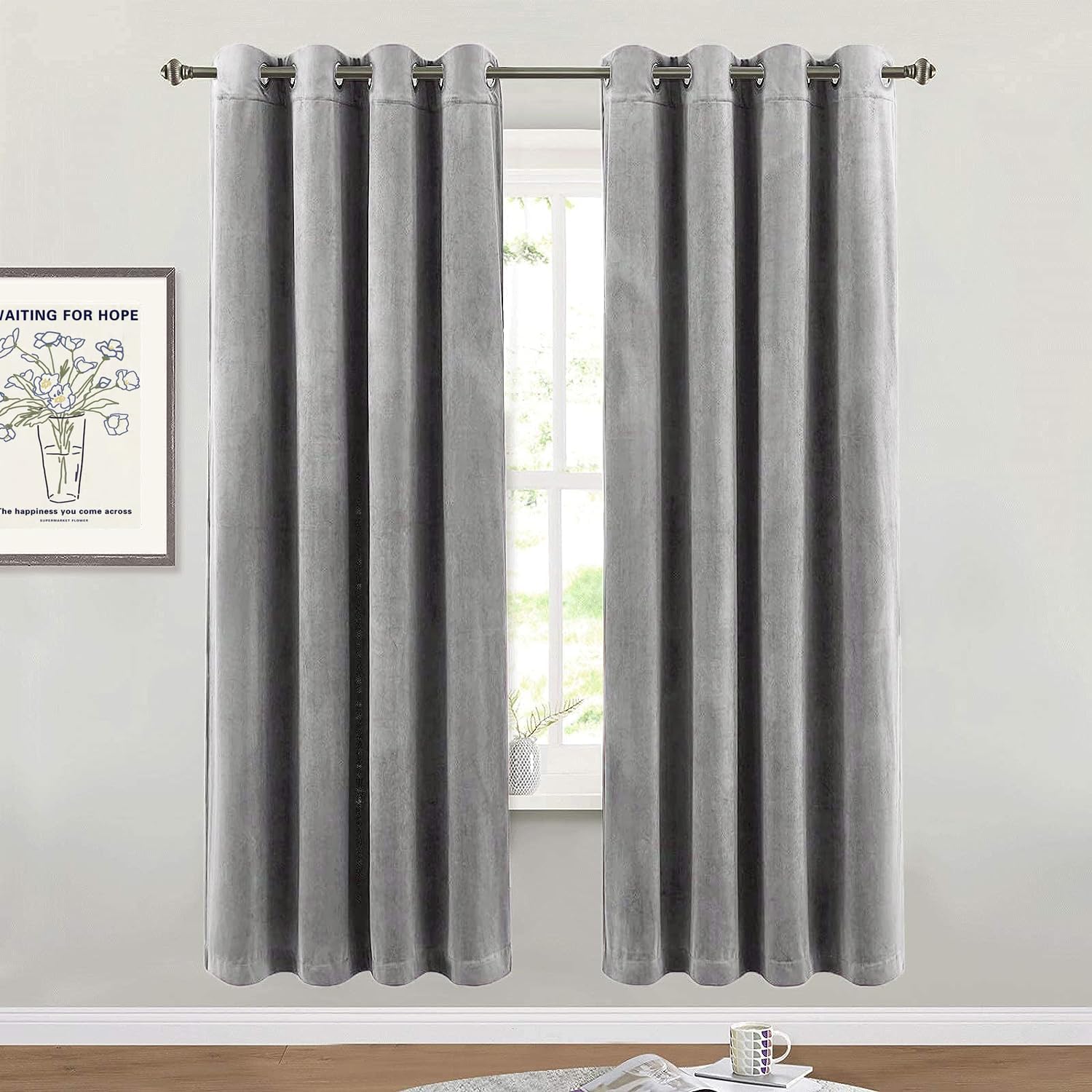 SMILETIME Grey 72 in Long Velvet Curtains with Grommet, Thermal Insulated Super Soft Privacy Noise Reducing Light Blocking Velve
