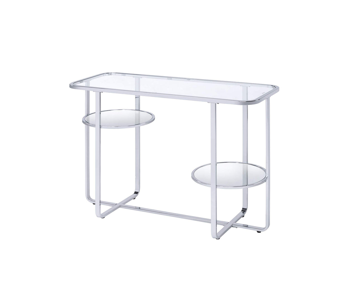 Acme Hollo Rectangular Glass Top Sofa Table with Shelf in Chrome and Mirrored