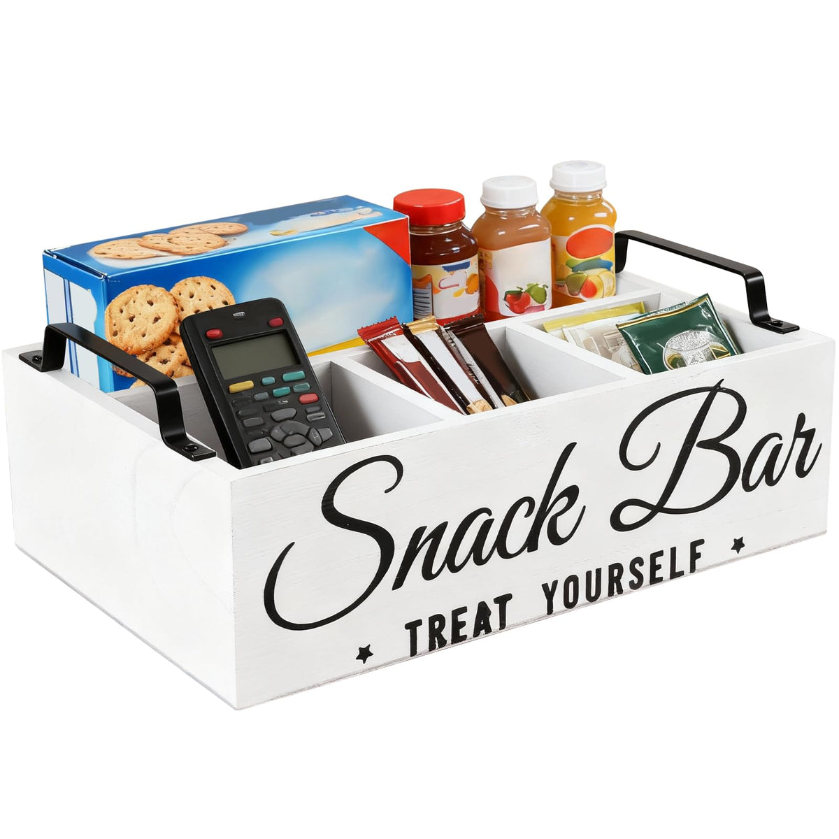 Snack Organizer for Countertop, Wood Pantry Storage Bins with Handles, Snack Bar Organizer for Pantry Shelf, 4 Compartment Food 