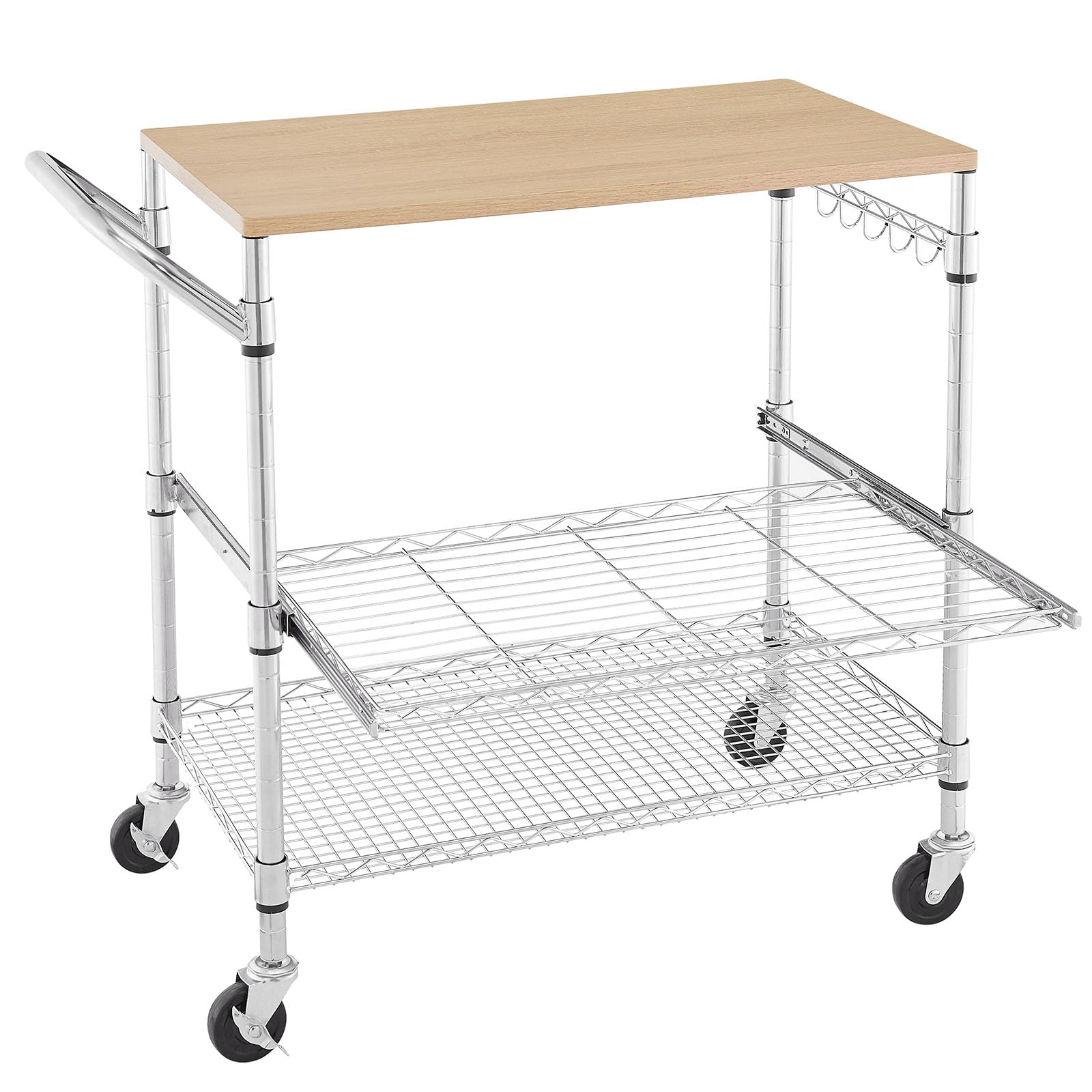 3 Tier Rolling Kitchen Cart With Wood Tabletop, Kitchen Island Carts With Wheels & Slider Shelf, Microwave Cart On Wheels, Coffe