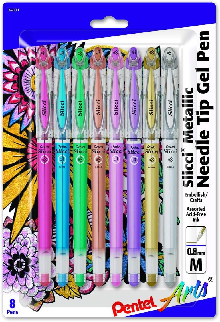 Pentel Arts Slicci Metallic (0.8Mm) Needle Tip Med Gel Pen Assorted Metallic Ink, 8 Pack