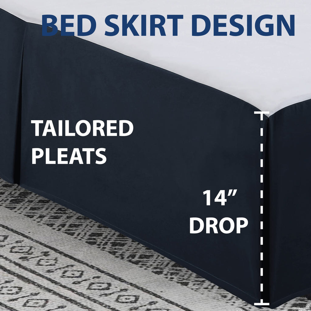 Cathay Home Double Brushed Microfiber Pleated Easy Fit Bed Skirt, Ultra Soft, Fade And Wrinkle Resistant - Navy, California King