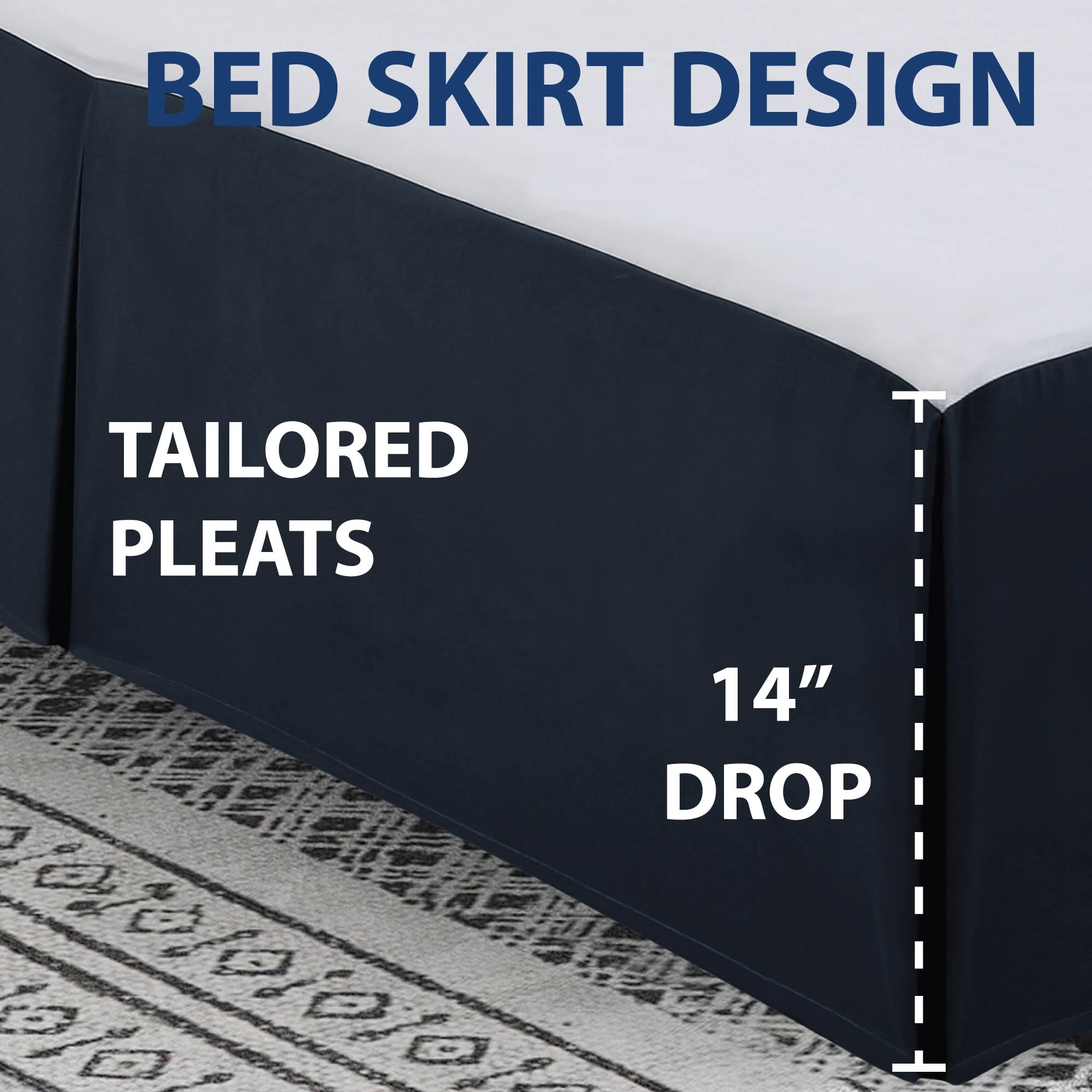 Cathay Home Double Brushed Microfiber Pleated Easy Fit Bed Skirt, Ultra Soft, Fade And Wrinkle Resistant - Navy, California King