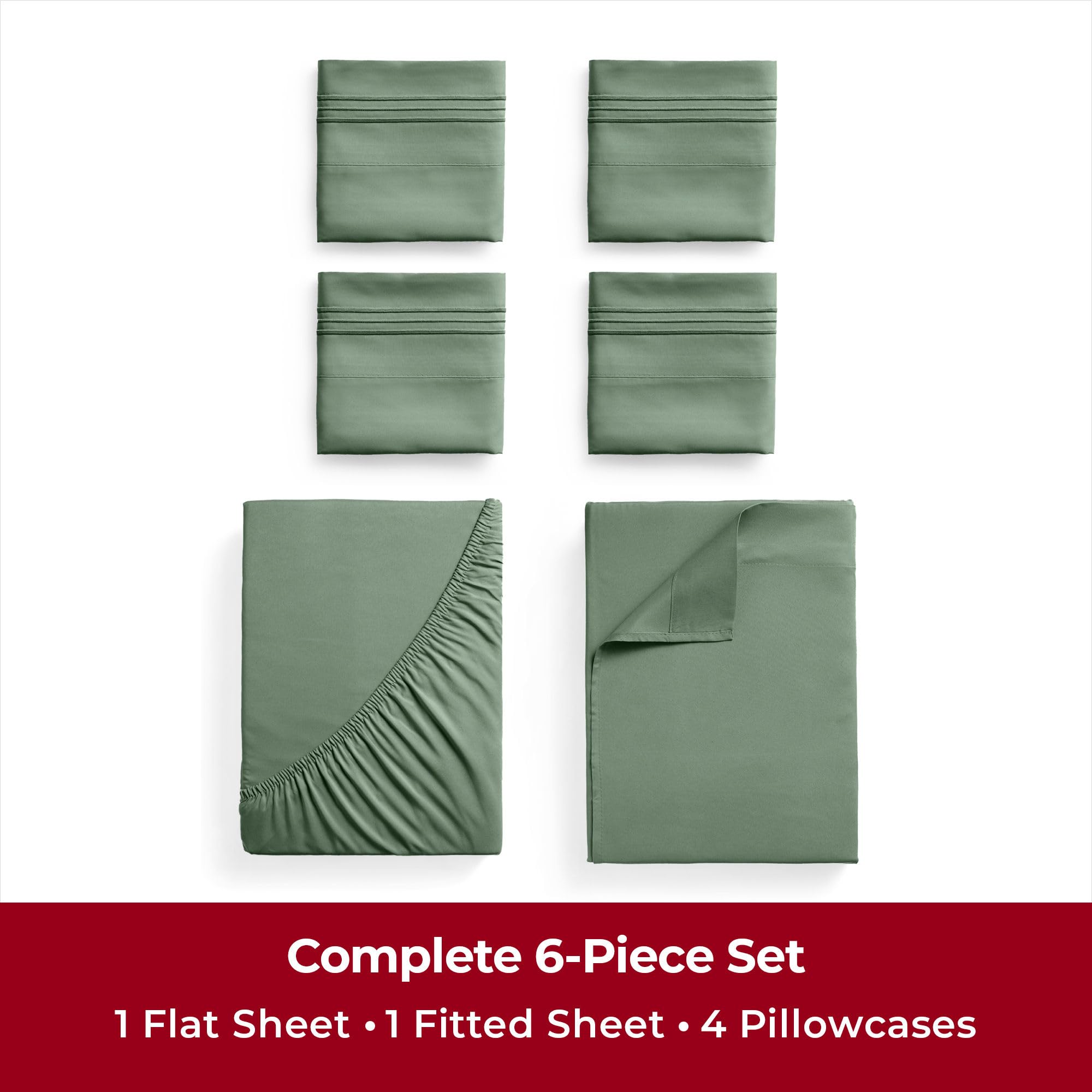 Mellanni Full Sheet Set - 6-Piece Iconic Collection Bedding, (Including 4 Pillowcases), 16-Inch Deep Pocket, Easy Care, Extra Soft, Cooling Sheets, Brushed Microfiber - Sage