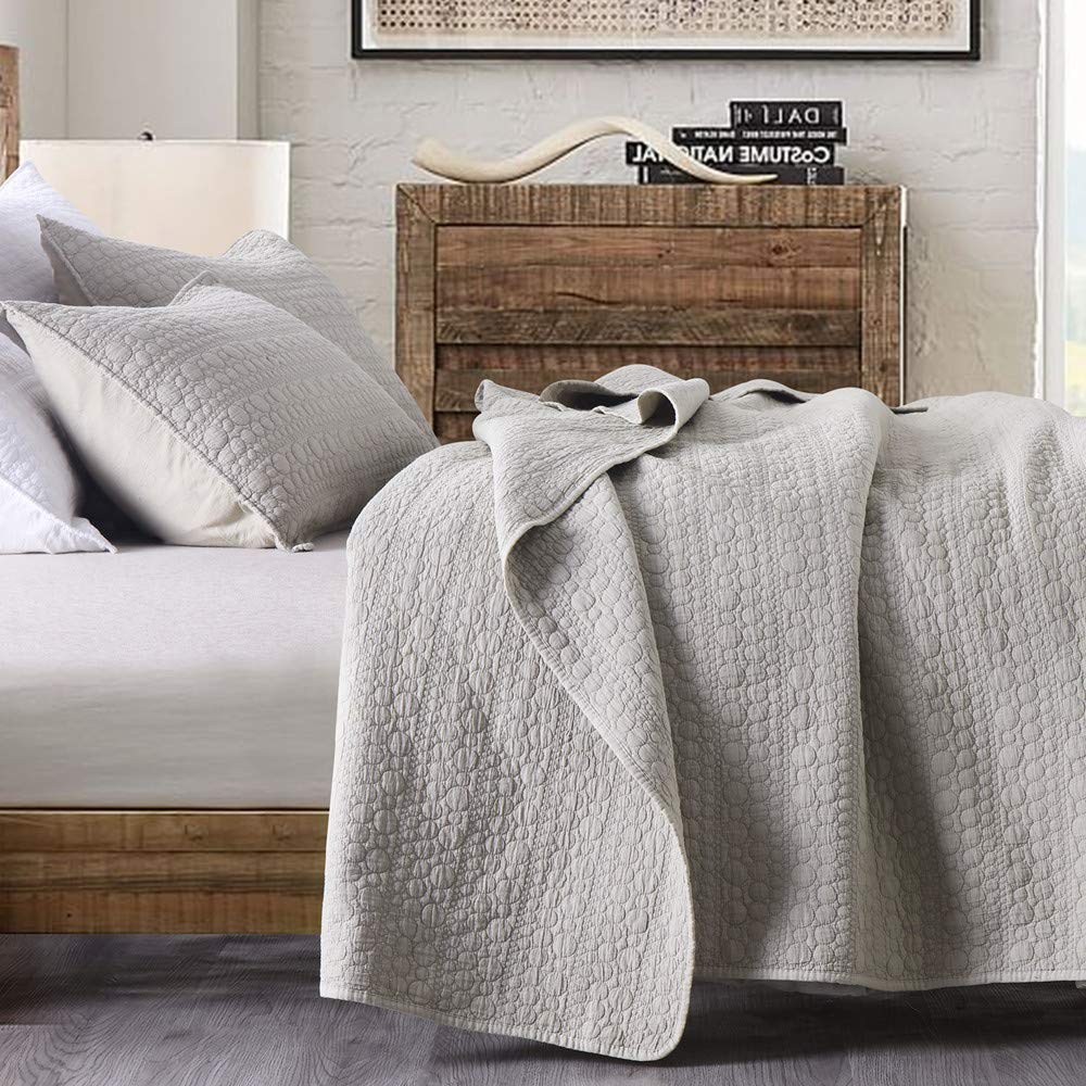 Horimote Home Quilt Set Twin Size Beige, Classic Geometric Spots Stitched Pattern, Stone-Washed Microfiber Chic Rustic Look, Ult