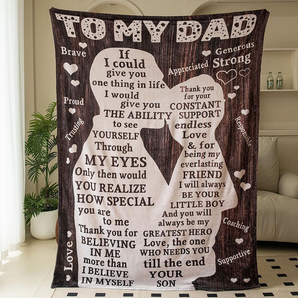 Fathers Day Blankets Gifts For Dad, Blanket To My Dad Gifts From Son, Dad Blanket Presents For Fathers Day, I Love You Dad Lette