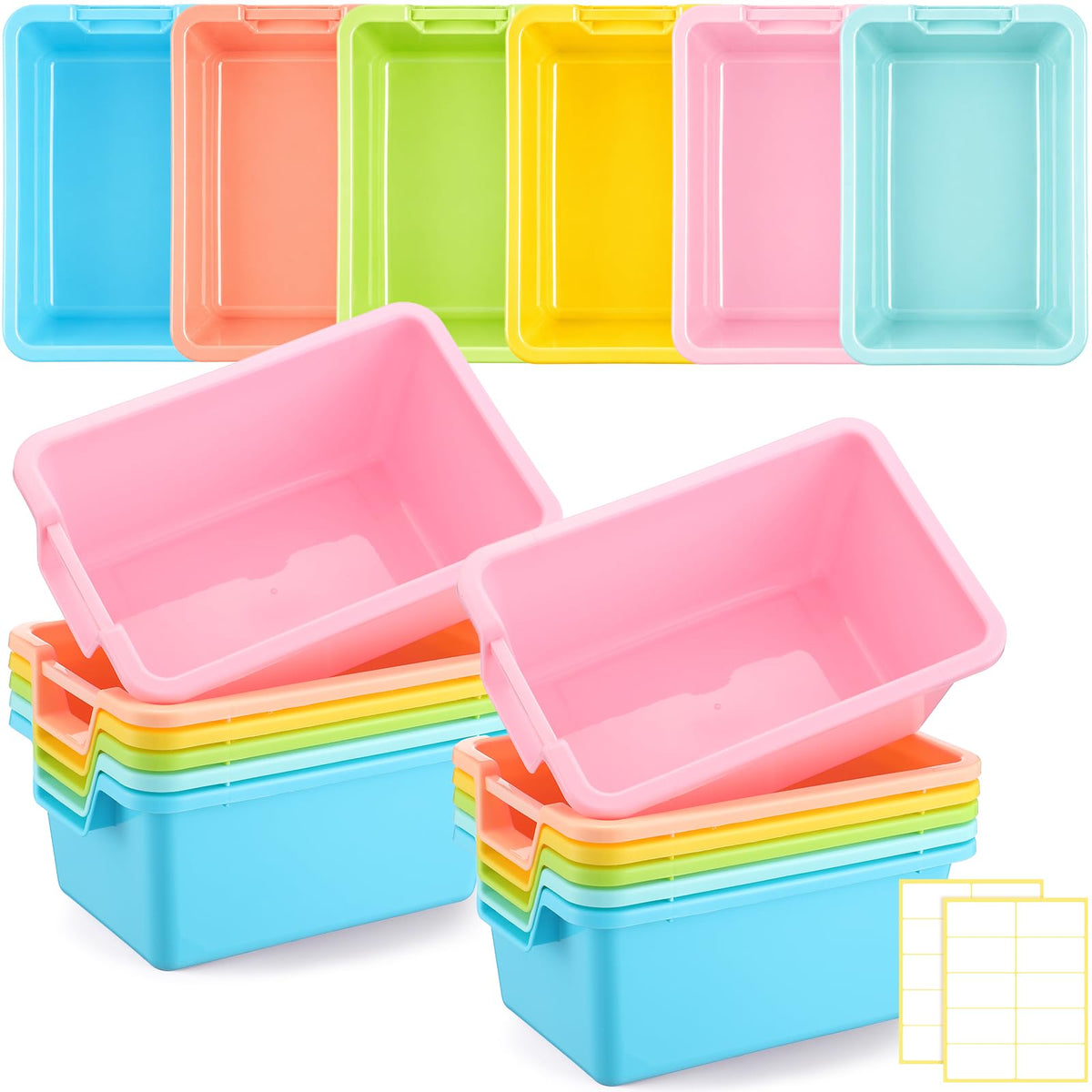 Thyle 12 Pieces Plastic Cubby Bins with Labels 11.6 x 7.7 x 5 Inch Classroom Book Bins Stacking Storage Container Organizer Stor