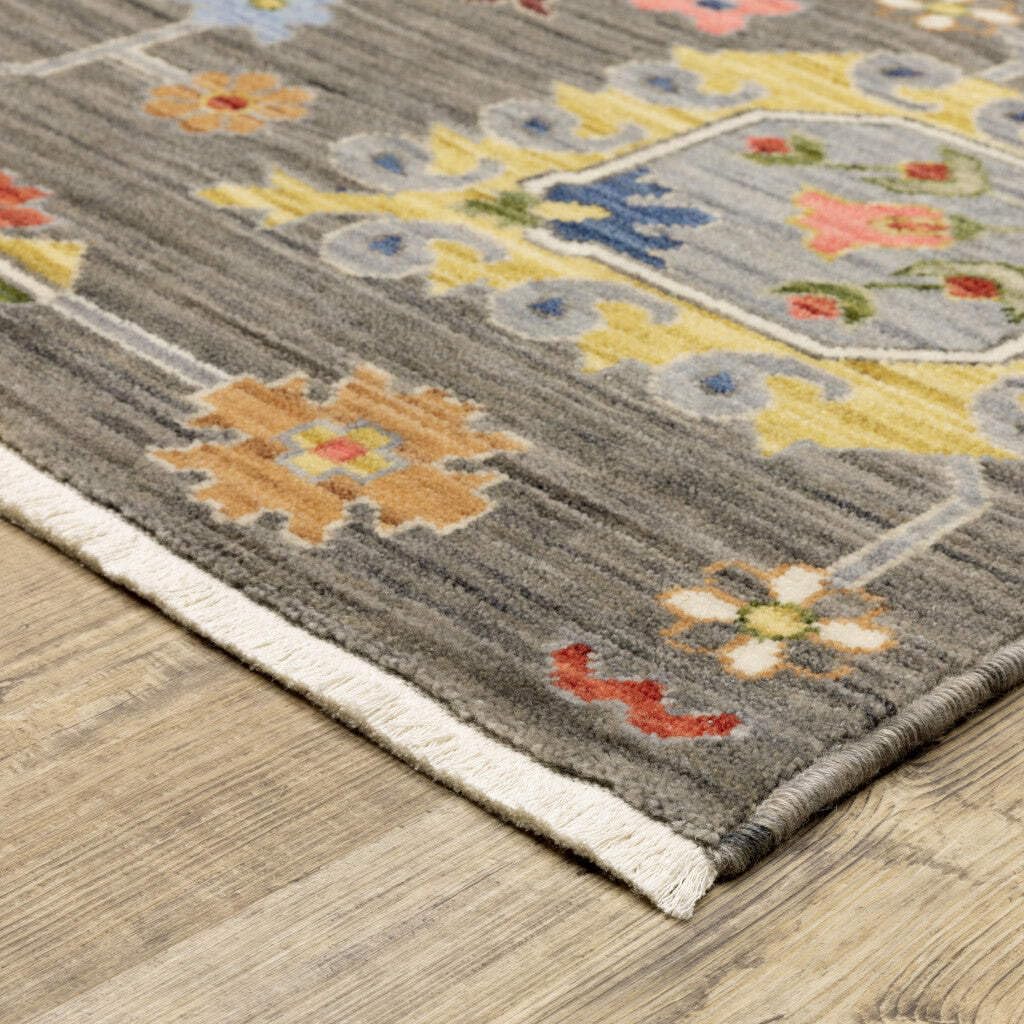 HomeRoots 509336 8 x 11 ft. Gray Charcoal Yellow Blue Rust Red Pink Green & Ivory Oriental Power Loom Stain Resistant Rectangle Area Rug with Fringe