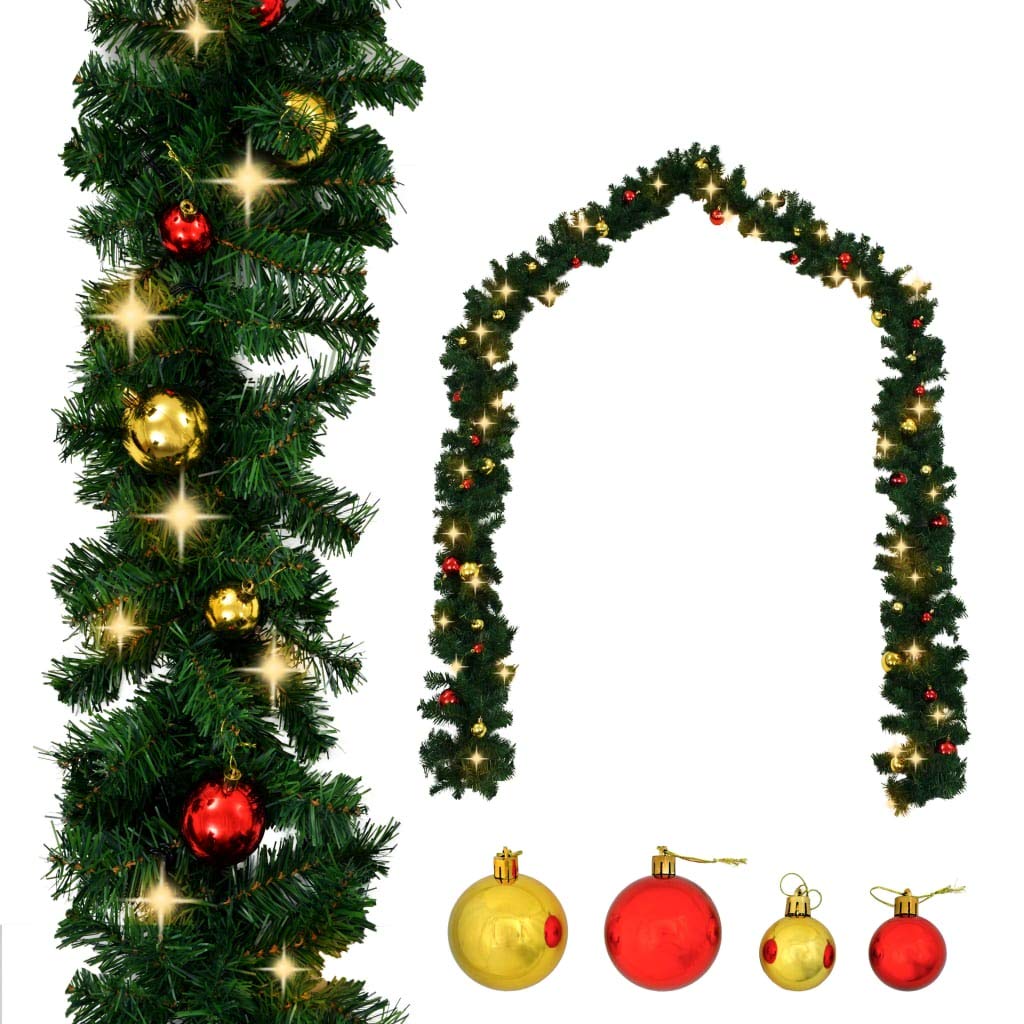 vidaXL Waterproof Christmas Garland with Energy-efficient LED Lights and Baubles, 66 ft Green PVC Decor for Indoor/Outdoor