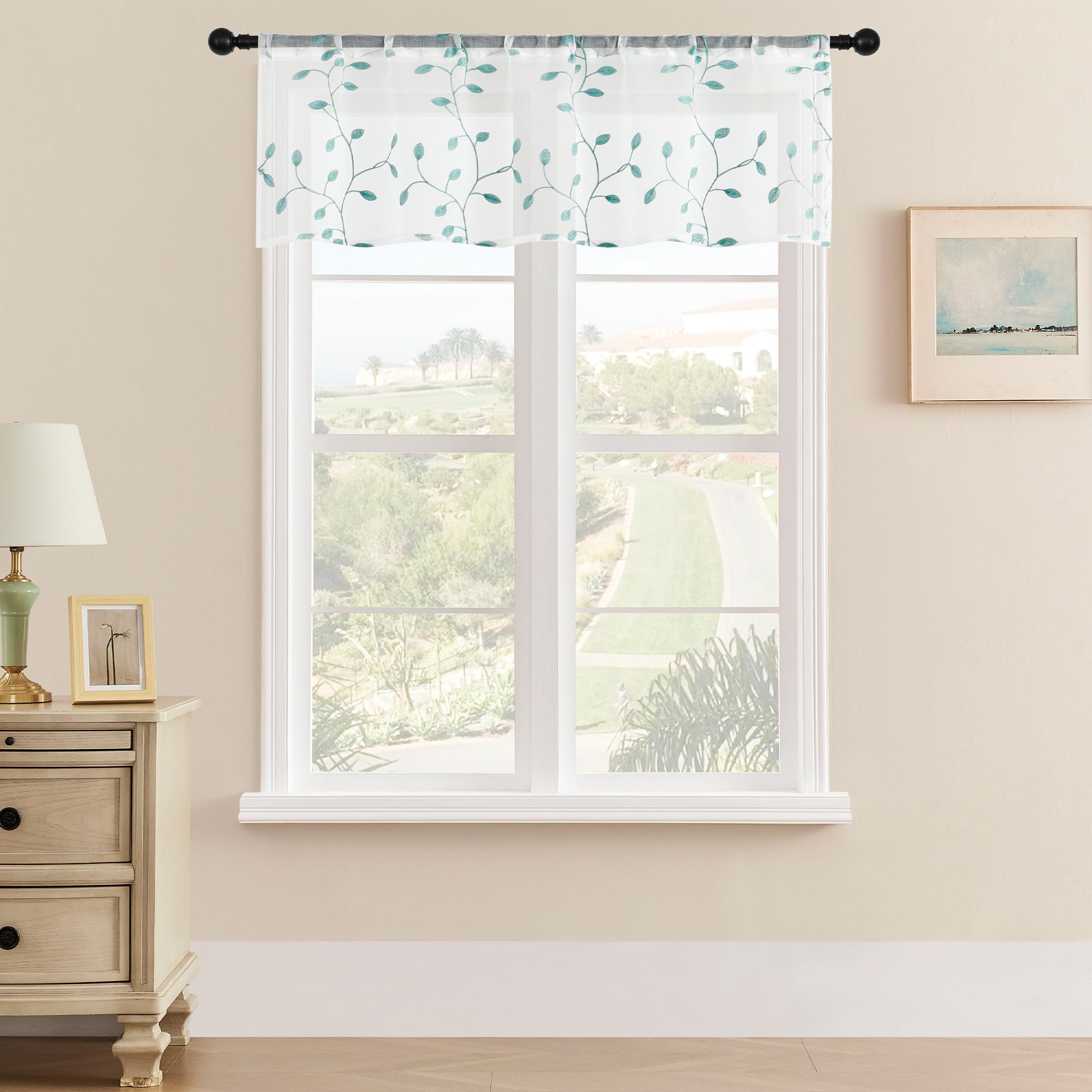 Mrtrees Sheer Christmas Curtain Valance, 2 Panels Leaves Embroidered Small Valances Curtains 54X16 Inches, Rod Pocket Short Wind