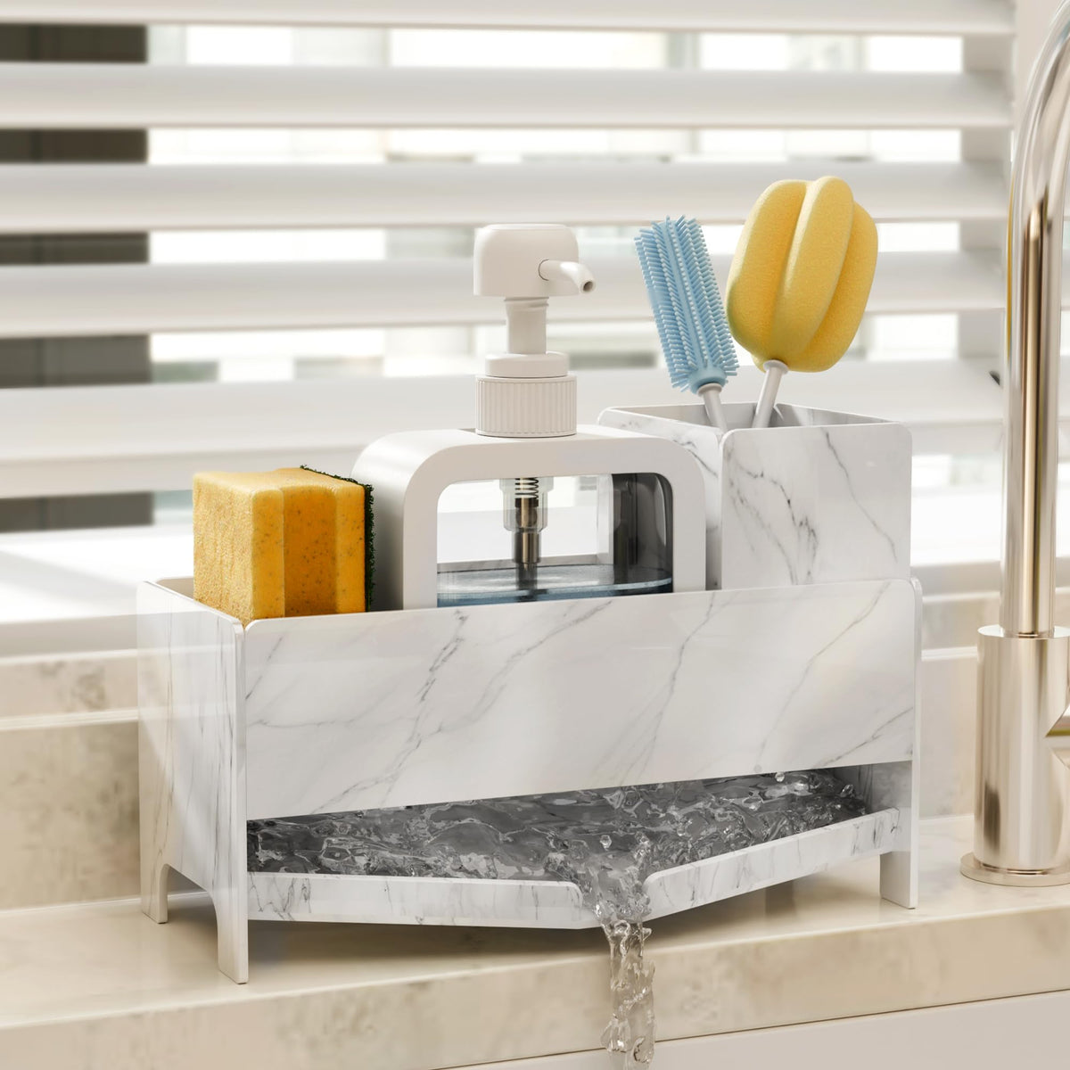 TIDIIABODE Sink Caddy, Marble Sponge Holder with Brush Slot for Kitchen