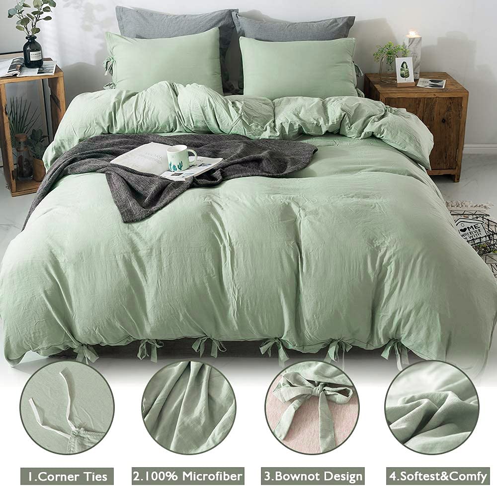Annadaif Duvet Cover Queen Size Sage Green, 3 Pieces Soft Washed Microfiber Duvet Cover Set, Comforter Cover With Bowknot Bow Ti
