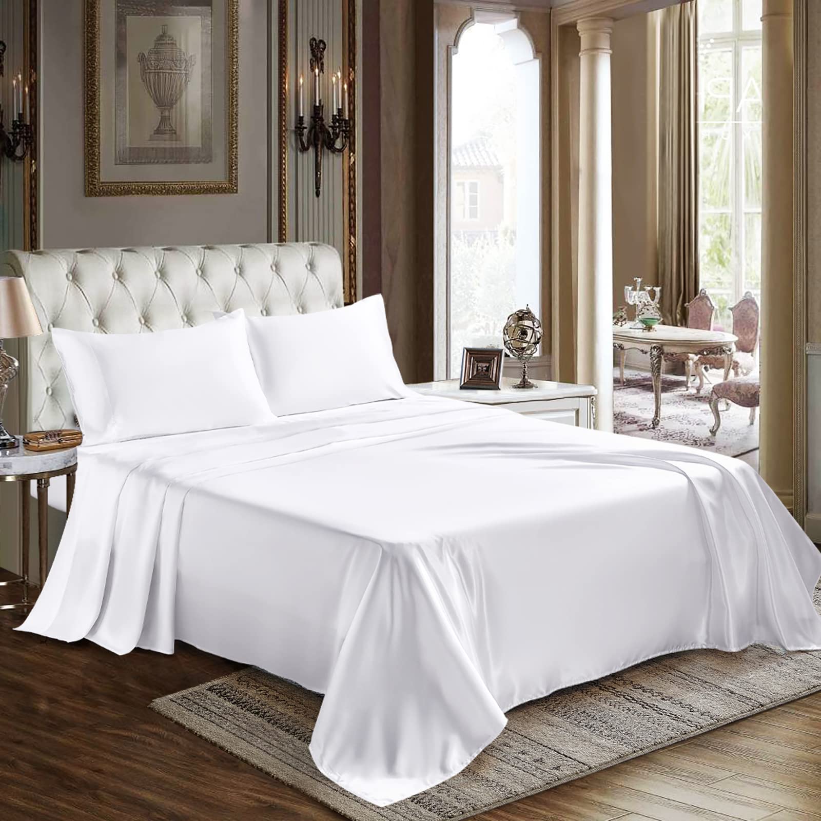 Cozylux Satin Sheets King Size - 4 Piece White Bed Sheet Set With Silky Microfiber, 1 Deep Pocket Fitted Sheet, 1 Flat Sheet, An