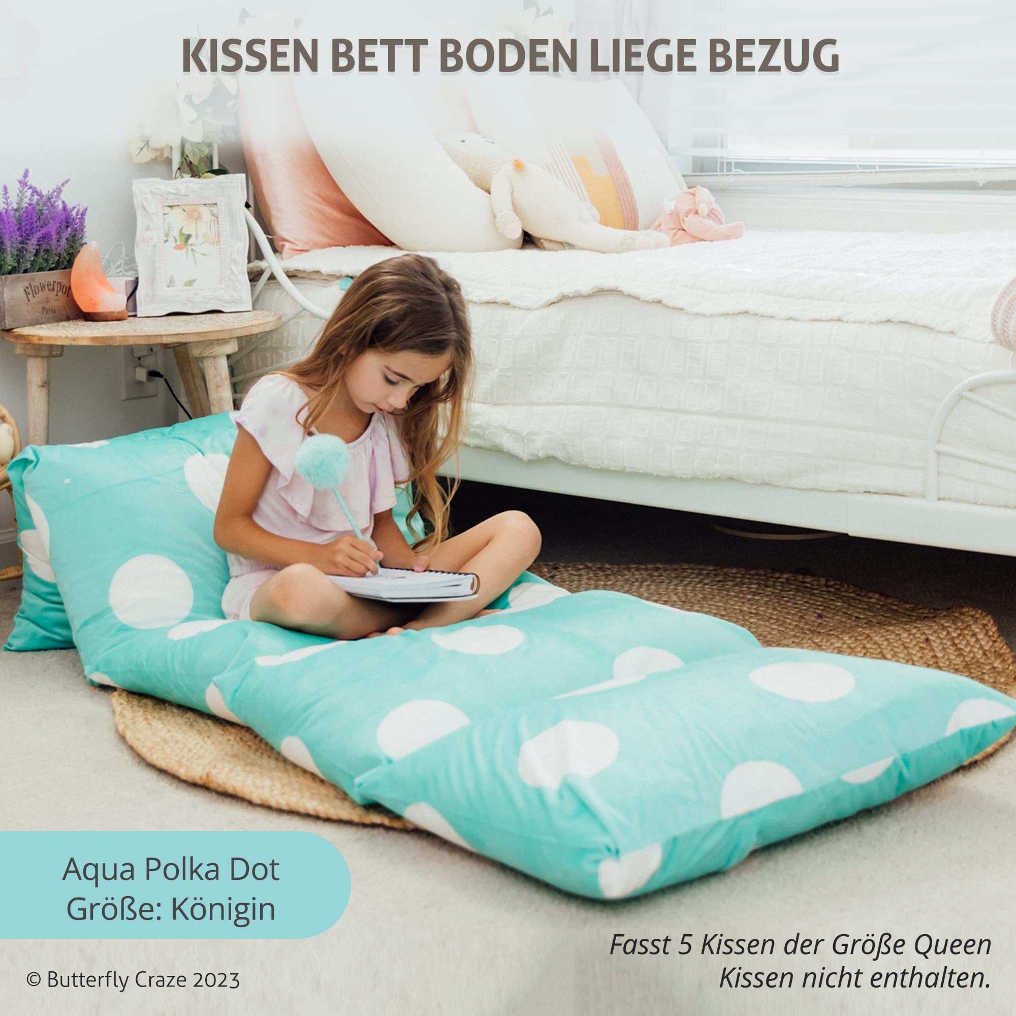 Butterfly Craze Floor Pillow Case, Mattress Bed Lounger Cover, Polka Aqua, Queen Size - Cozy Seating Solution For Kids & Adults,
