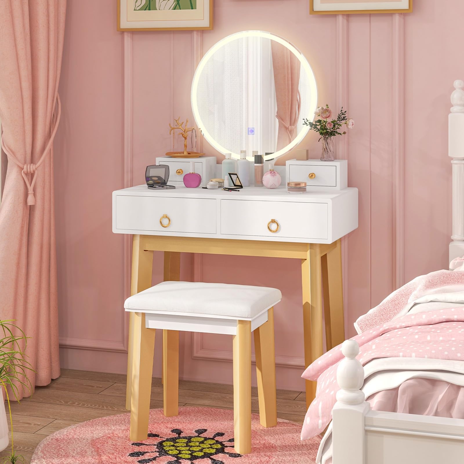 Charmaid Vanity Desk With Mirror And Lights, White Makeup Vanity Desk With 4 Drawers, 3 Color Lighting Modes, Adjustable Brightness, Modern Dressing Table With Vanity Stool For Girls Small Bedroom