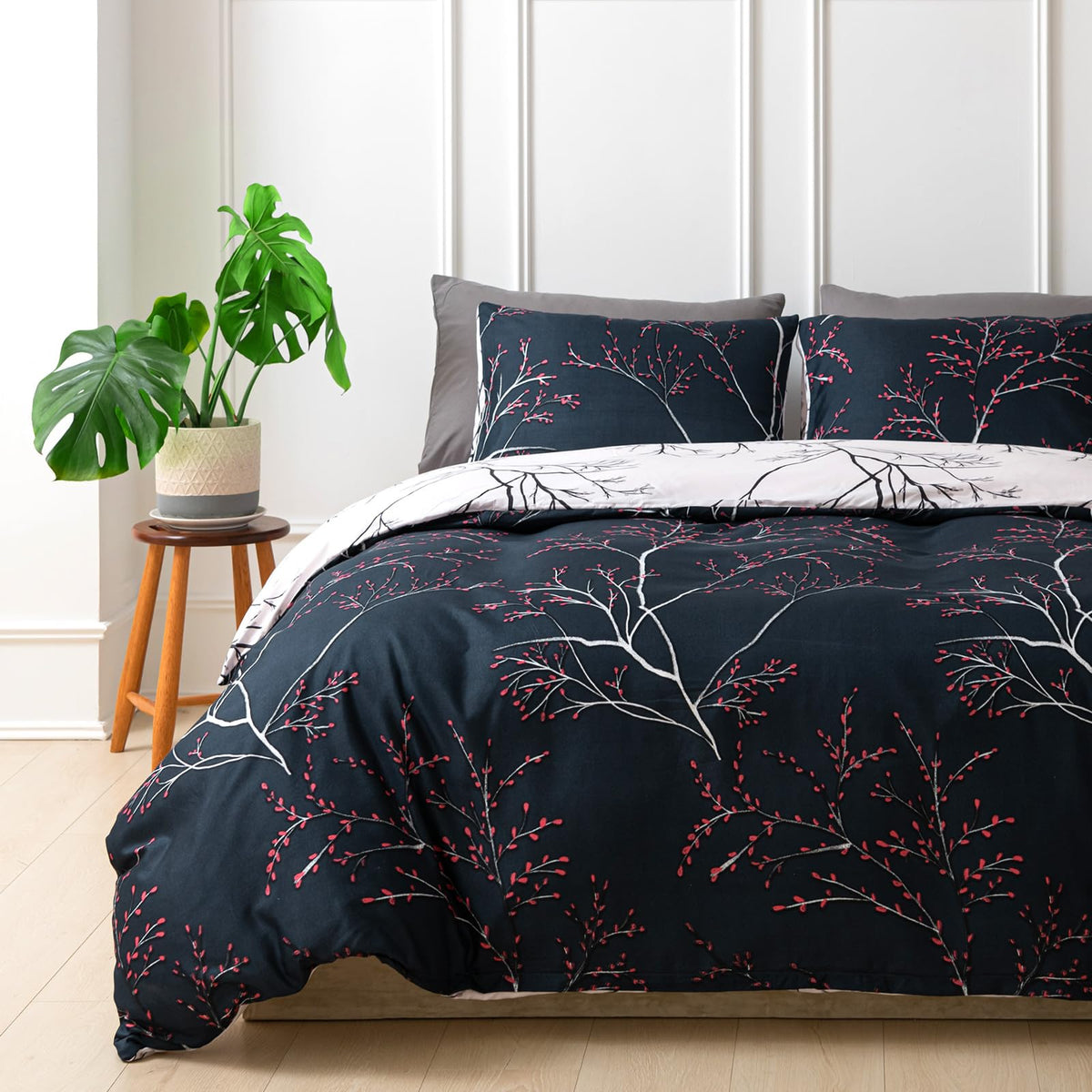 Lekesky Reversible Duvet Cover King Size, Starry Sky Blue Branch Comforter Cover King 3Pcs Microfiber Botanical Bedding Set With