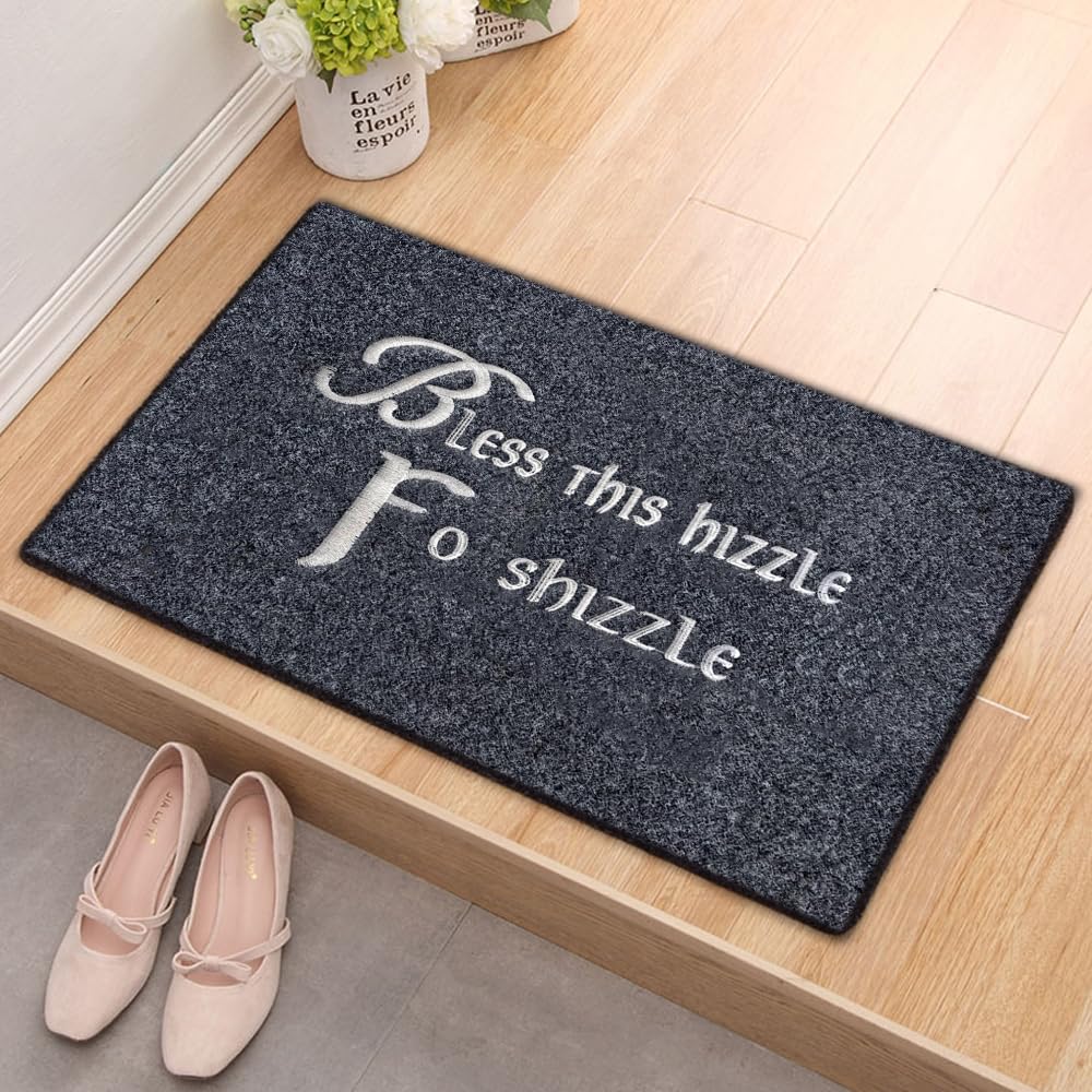 Assaoy Bless This Hizzle Fo Shizzle Door Mat Outdoor Entrance,Funny Doormats Welcome Floor Mat Fall Front Black Embroidered Door